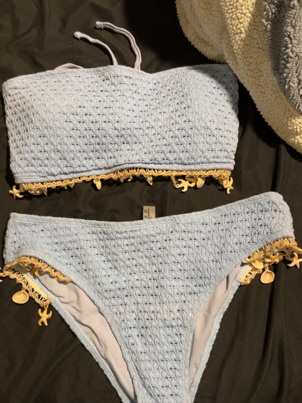 Light Blue Crochet Bikini Set with Gold Shell Trim - Women Swim